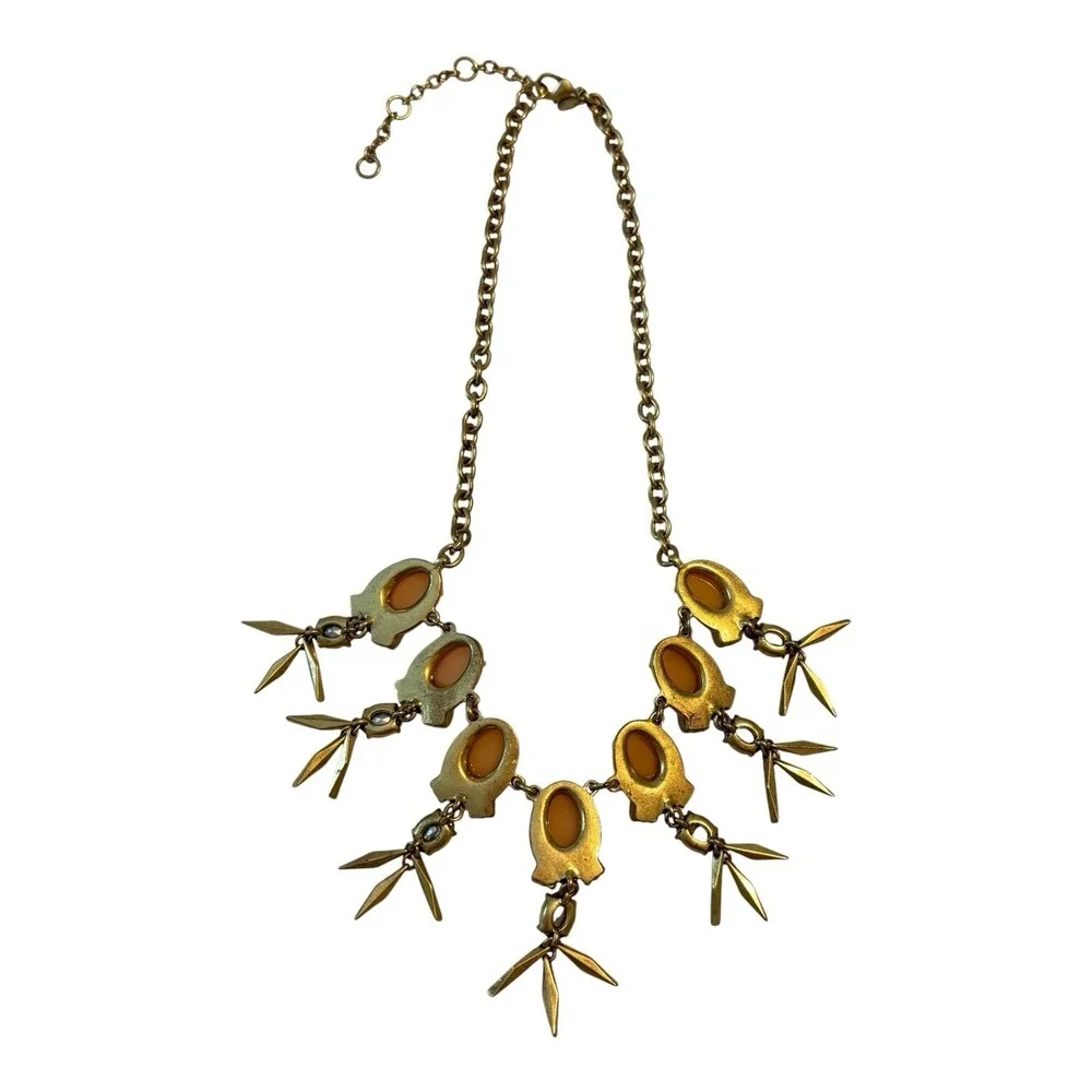 J.Crew Statement Bib Necklace Peach Cabochon Crystal Gold Tone Leaf Dangle